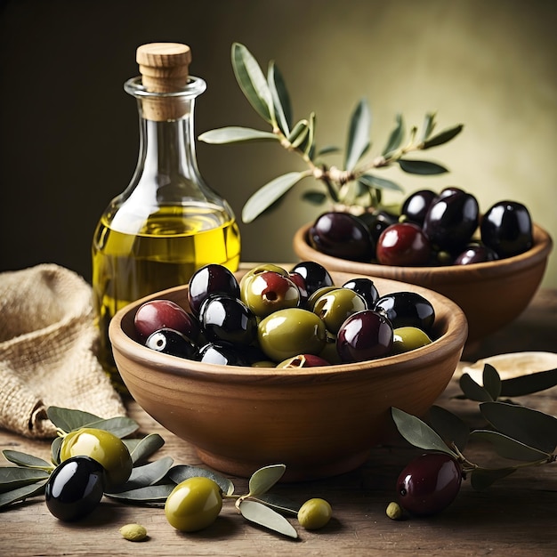 Оливки в миске с бутылкой оливкового масла
