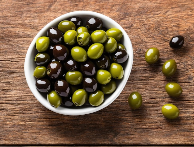 olives in a bowl on a wooden table