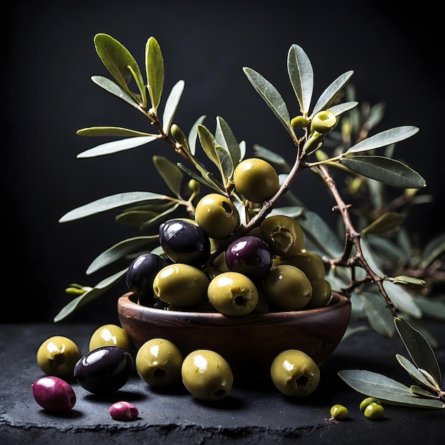 Olives on Branch with Dark Background