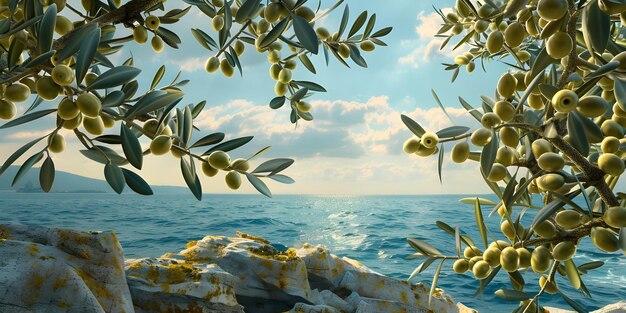 Photo olives in the branches on sea background ai generated