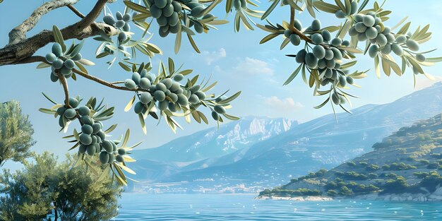 Photo olives in the branches on sea background ai generated