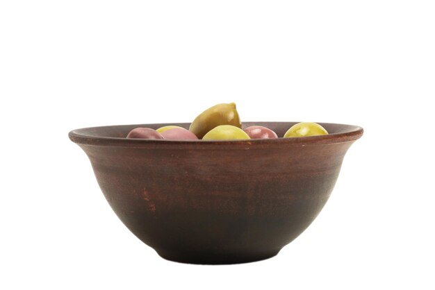 Olives in ceramic brown bowl isolated on white background