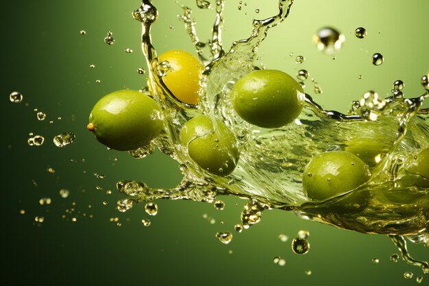 Olives fall in a splash of water and olive oil leaves Generative AI