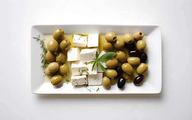 Olives and Feta Cheese on a White Plate A slice of Cheese Greek Cuisine Appetizer