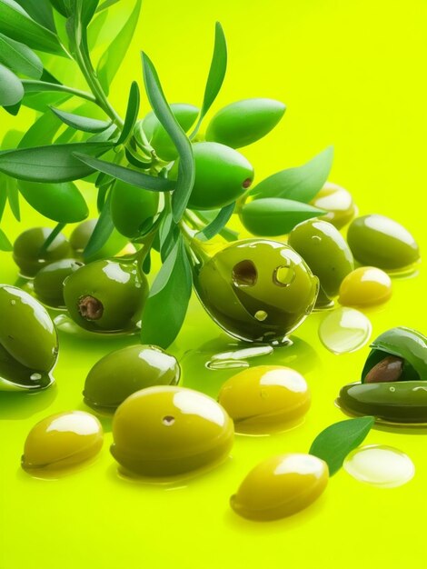 Photo olives glass bottle and olive oil floating on a green background