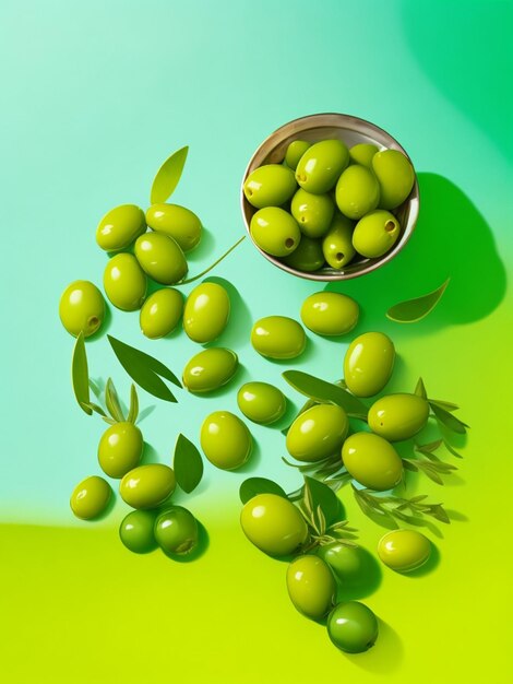 Photo olives glass bottle and olive oil floating on a green background