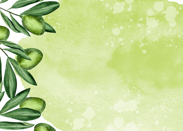 Olives on green blots with white splashes watercolor background\
template for decorating designs and illustrations