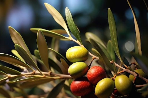 Olives and leaves on a tree branch