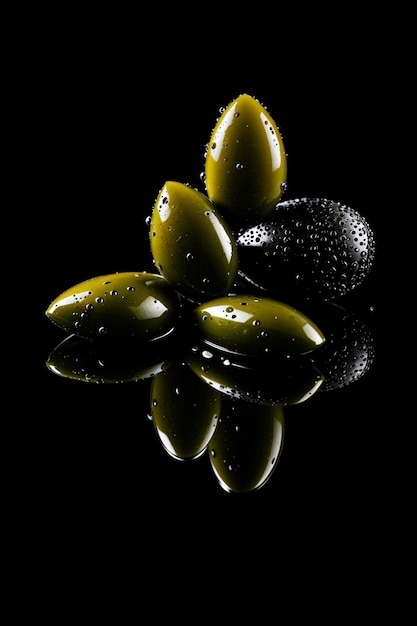 Photo olives in oil on a black background splash advertising of luxury product