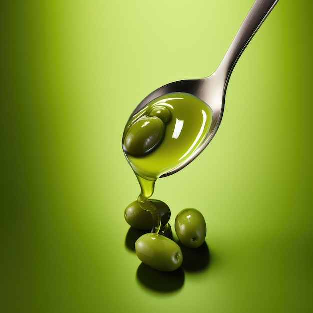 Olives oil floating on a green background in a spoon