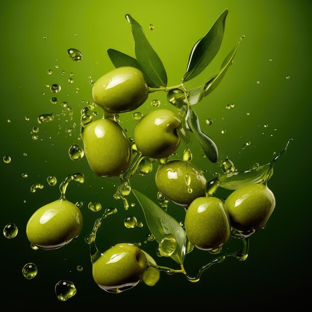 Olives oil floating on a green background