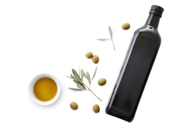 Olives, oil on white background