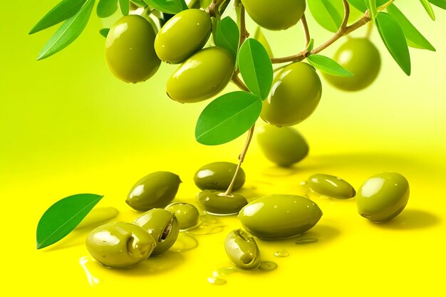 Olives and olive oil float on a green background AI_Generated