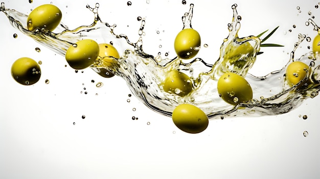 Olives and olive oil floating background