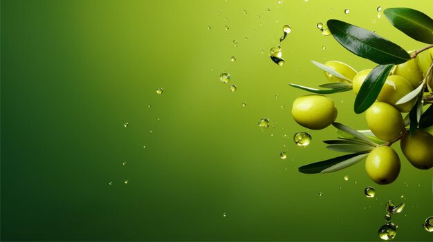 оливки и оливковое масло плавают крупным планом на зеленом фоне