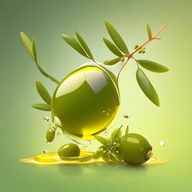 Olives and olive oil floating on a green background ai image