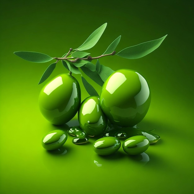 Оливки и оливковое масло, плавающие на зеленом фоне
