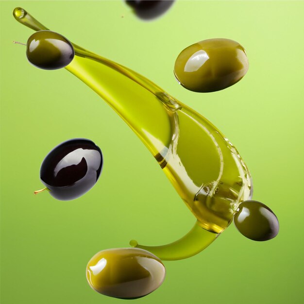 Olives and olive oil floating on a green background