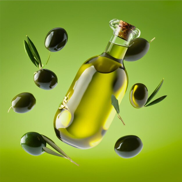 Olives and olive oil floating on a green background