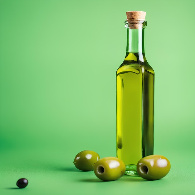 Olives and olive oil floating on a green background