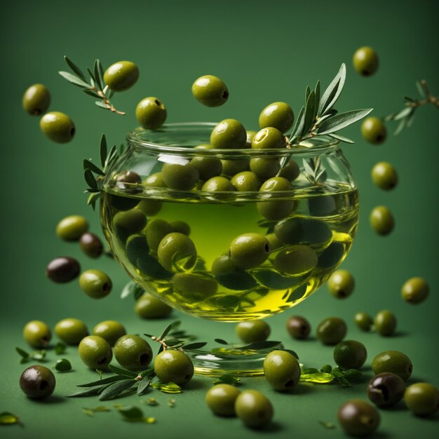 Olives and olive oil floating on a green background