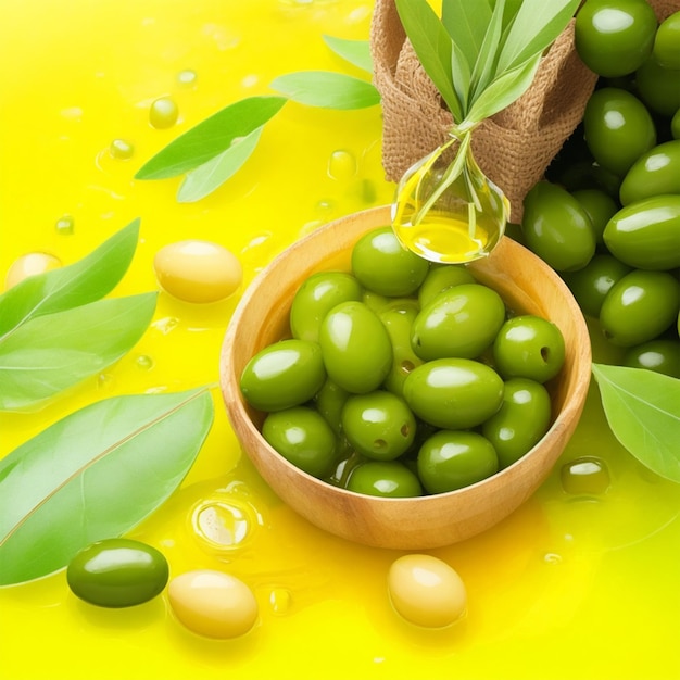 Foto olive e olio d'oliva galleggianti su uno sfondo verde