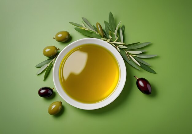 Olives and olive oil floating on a green background