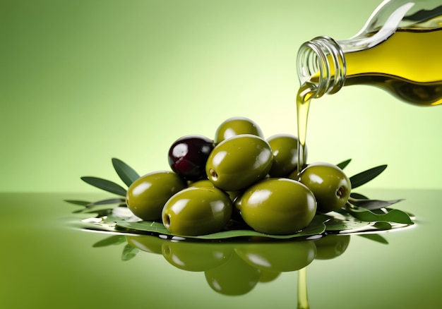 Olives and olive oil floating on a green background