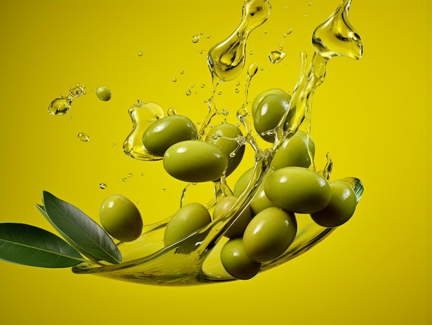 Olives and olive oil floating on a green background