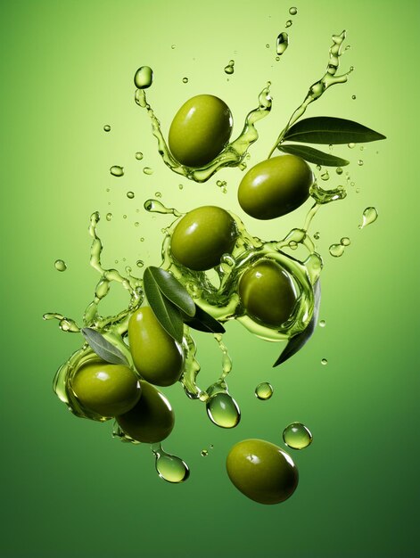 Olives and olive oil floating on a green background