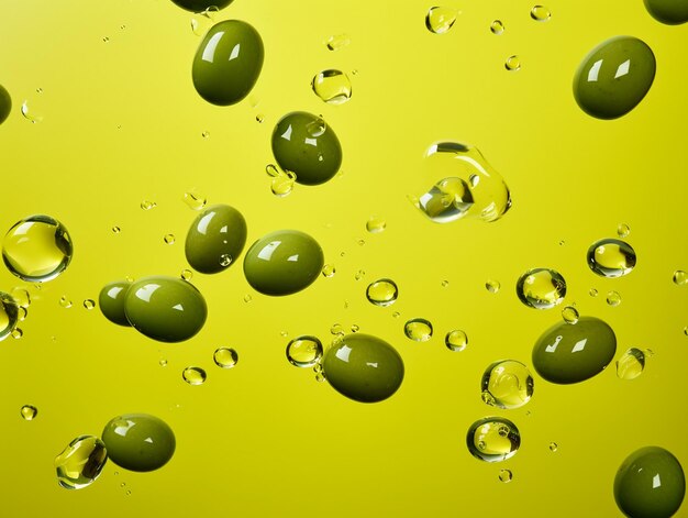 Olives and olive oil floating on a green background