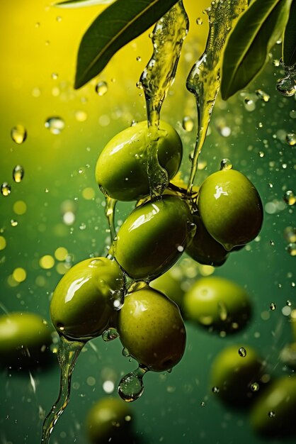 Olives and olive oil floating on a green background