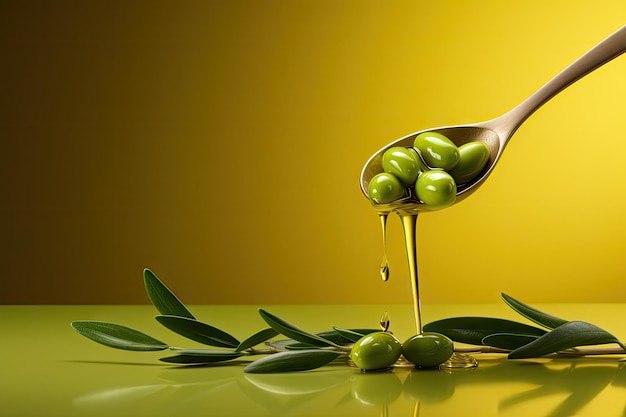 Olives and olive oil floating on a green background