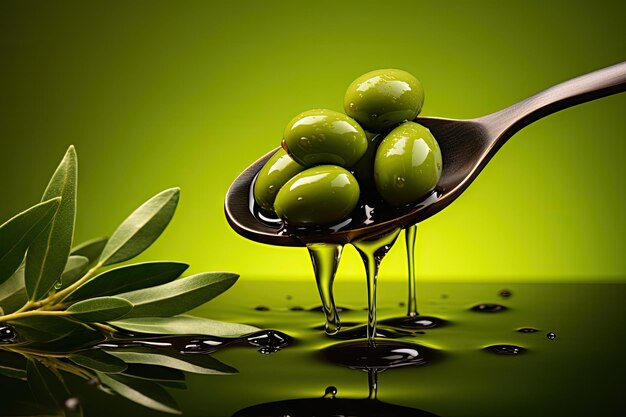 Olives and olive oil floating on a green background