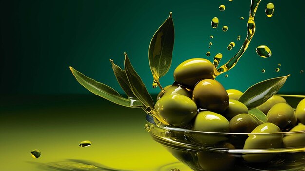 Olives and olive oil floating on a green background