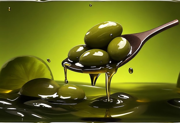 Olives and olive oil floating on a green background