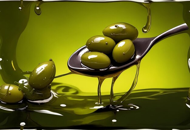 Photo olives and olive oil floating on a green background