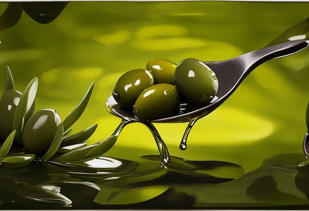 Foto olive e olio d'oliva che galleggiano su uno sfondo verde