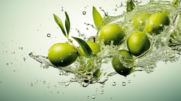 Olives and olive oil floating on a green background