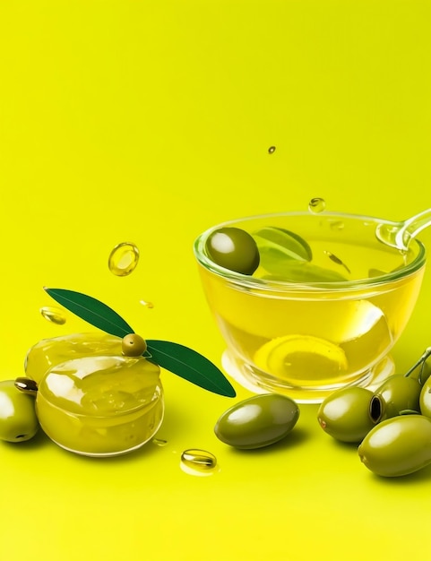 Olives and olive oil floating on a green background