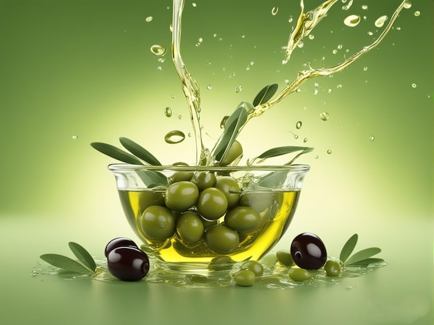 Olives and olive oil floating on a green background