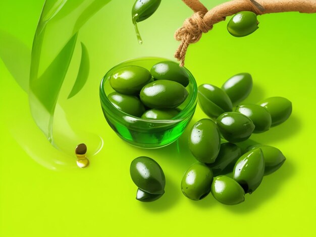 Olives and olive oil floating on a green background