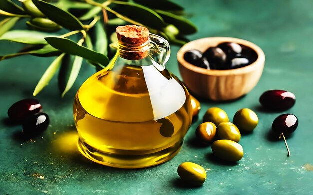 Foto olive e olio d'oliva che galleggiano su uno sfondo verde