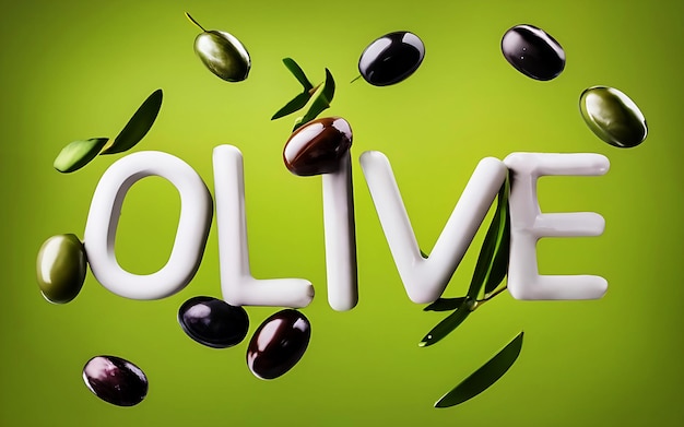 Foto olive e olio d'oliva che galleggiano su uno sfondo verde