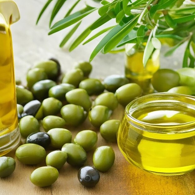 Olives and olive oil floating with background