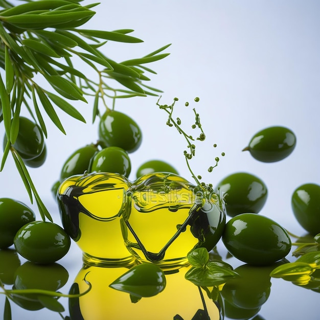 Olives and olive oil floating with background