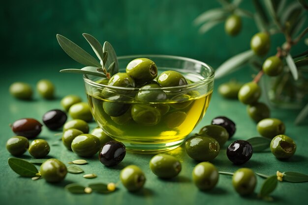 Olives and olive oil on a green background generated by ai