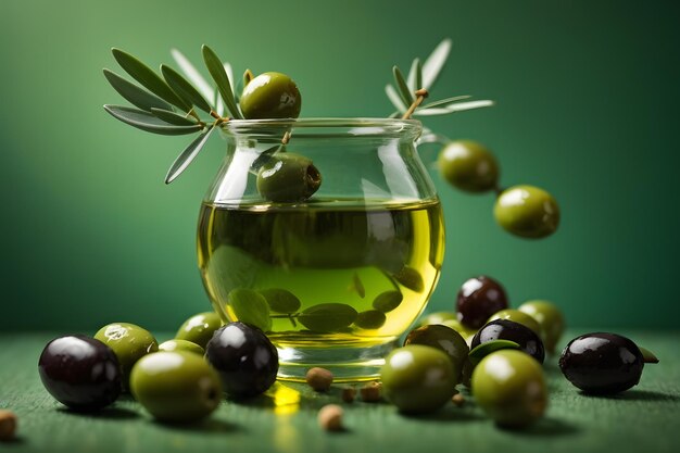 Olives and olive oil on a green background generated by ai