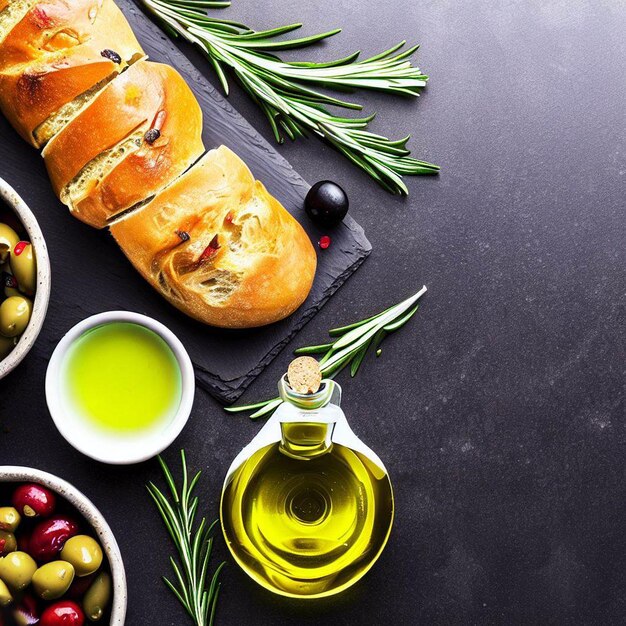 Оливки, оливковое масло, розмарин и хлеб на фоне черного сланца, вид сверху, копия пространства