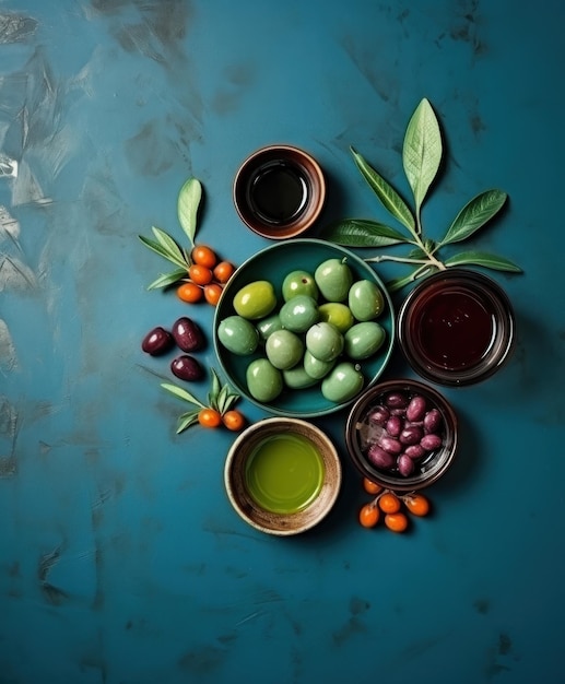 olives and olive oil on turquoise surface